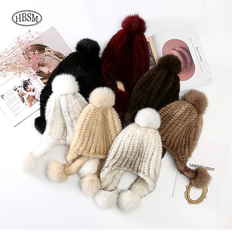 

Fnitted Mink Fur Hat Women Winter Warm Natural Luxury Plush Fisherman Fur Hats Striped Stylish Beanie Cap