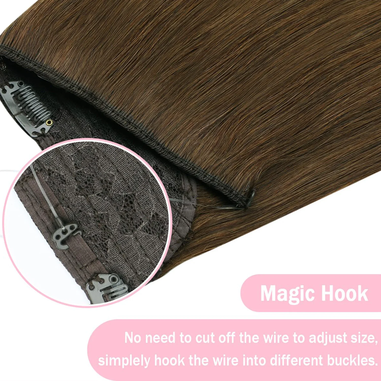 وصلات شعر هالة غير مرئية، شعر بشري حقيقي، سلك سمكة، شريط قابل للتعديل، مشبك سري للنساء، بني شوكولاتة #6