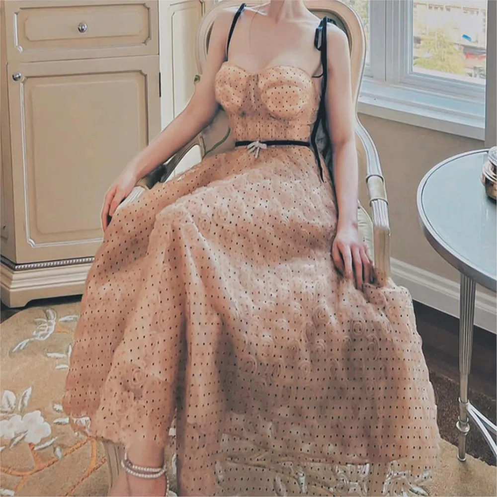 

2024 Summer New Fashion dot Elegance Slim Hanging Strap Long Dress lady