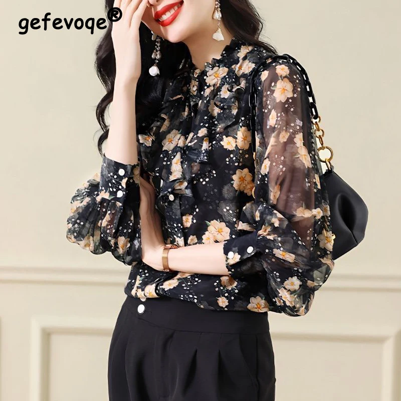 Women Vintage Floral Print Ruffles Elegant Shirts Spring Autumn Fashion Chic Blouses Long Sleeve Loose Tops Chiffon Blusa Mujer