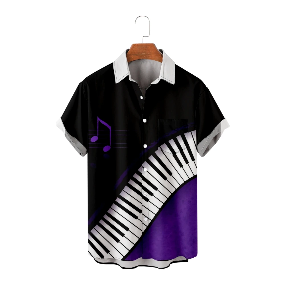 Men's Casual Shirts Piano keys Print Casual Short Sleeve Shirts Cool Summer Tops Vintage Breathable