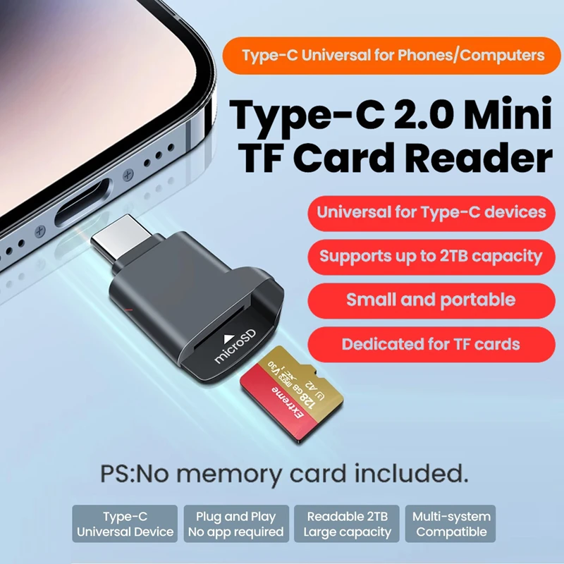 Type-C 2.0 Mini TF Card Reader External Storage Black Stretch for Memory Stick USB C 2.0 Mini TF Card Reader For Iphone