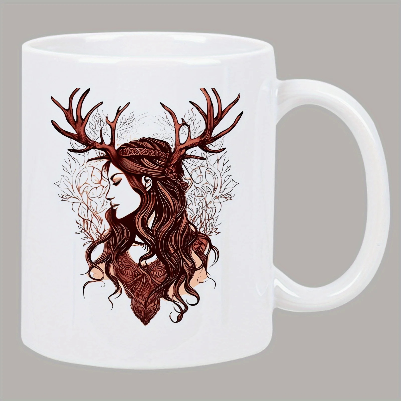 Forest Spirit Ceramic Mug - Elegant Woman with Antlers Design, Perfect Gift for Coffee and Tea Lovers, Unique Novelty Present