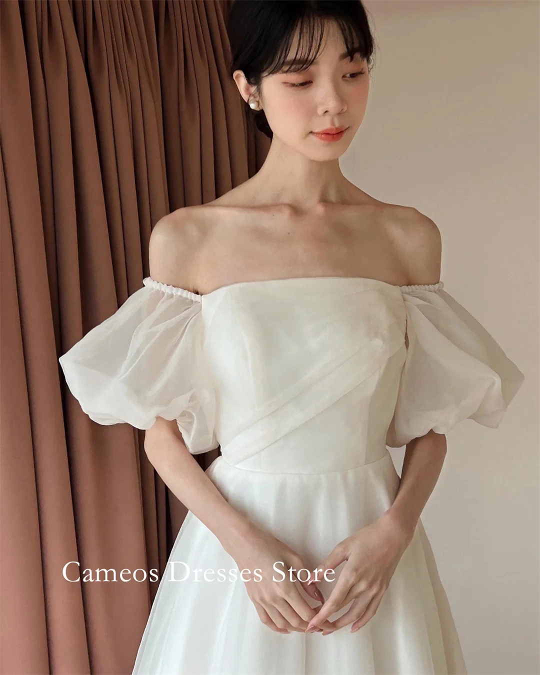 SONDR Customized Off Shoulder Ivory Puff Sleeves Wedding Dresses Simple A-Line Organza Korea Brides Gowns Women Bridal Dresses