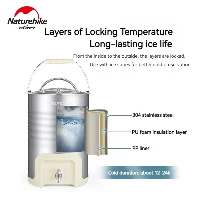 Naturehike Camping Water Tank Stainless Steel Insulated Bucket Cooler Barrel Thermal Drink Ice Storage Chest Beach Picnic 10L