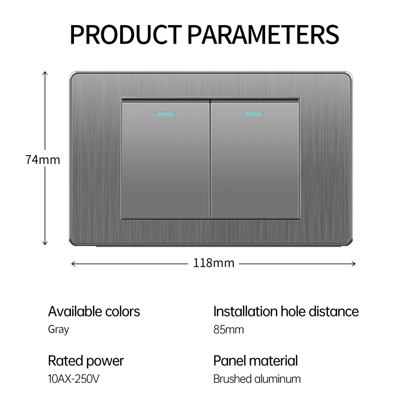 

PSSRISE Grey Brazil PC Drawing Panel Standard Outlet Double 2.1A USB Type C Wall Power Socket Light Switch Office 118mm*72mm 16A