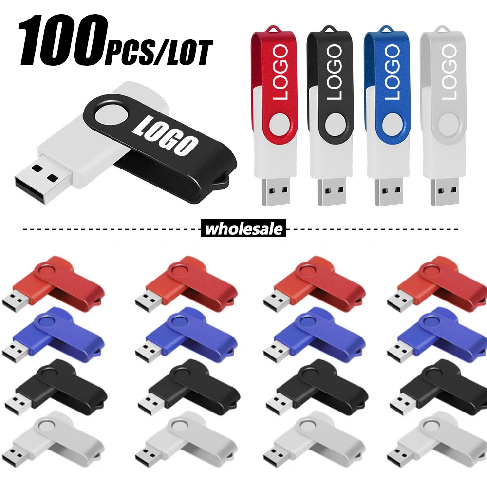 100PCS/Pen Drive Free custom logo Wholesale USB Flash Drive Multiple Color Options 4GB 8GB 16GB 32G 64GB PENDRIVE Memory Stick