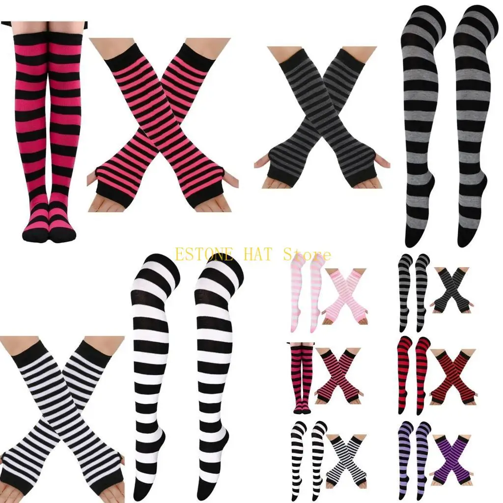 49MF Colorful Stripe Stockings Fingerless Gloves Set for Women Cosplay Party Props