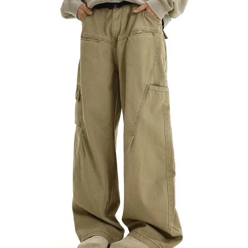 Preppy Style Men's Solid Color Loose Sashes High Waisted Pockets Casual Retro Spring Autumn Trousers Wide Leg Cargo Pants