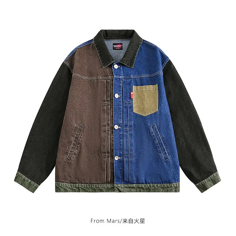 

Spring Autumn Color Block Patchwork Deim Jackets Men Women Harakuju Hip Hop Outwear Coats 2024 New