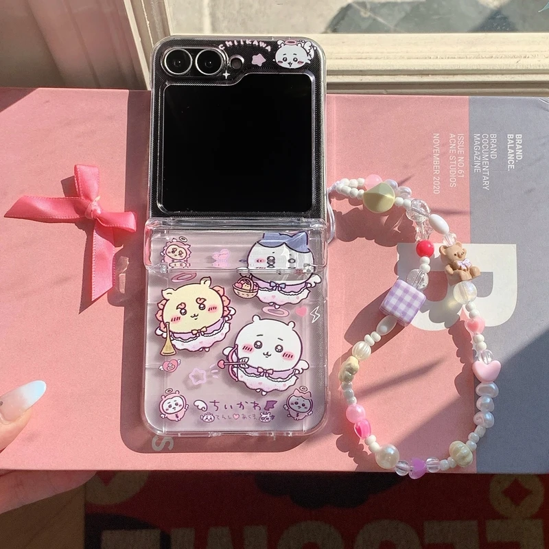 Cute Cartoon Anime Chiikawa Usagi Hachiware Card Wallet Pocket Phone Case For Samsung Galaxy Z Flip 7 6 5 4 3 Cover With Lanyard view 2