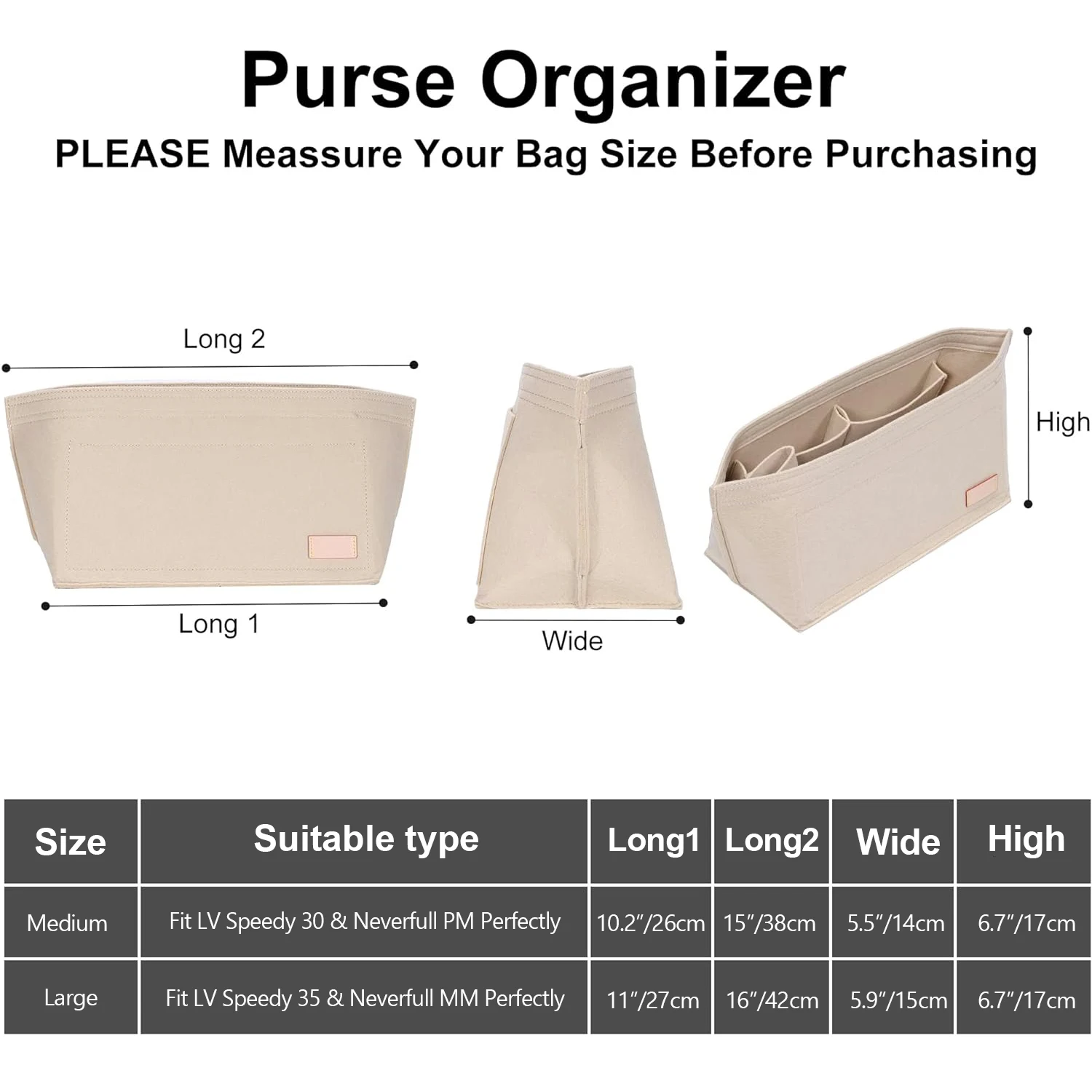 Zipper Felt Purse Organizer + Base Shaper 2pc Set | Fit LV Speedy Neverfull MM | Large Tote Handbag Inner Organizer