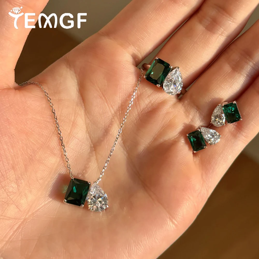 

TEMGF 925 Sterling Silver Jewelry Set for Charm Women Pear Cut Emerald Cut Zircon Necklace Ring Ear Studs Earrings Vintage Style