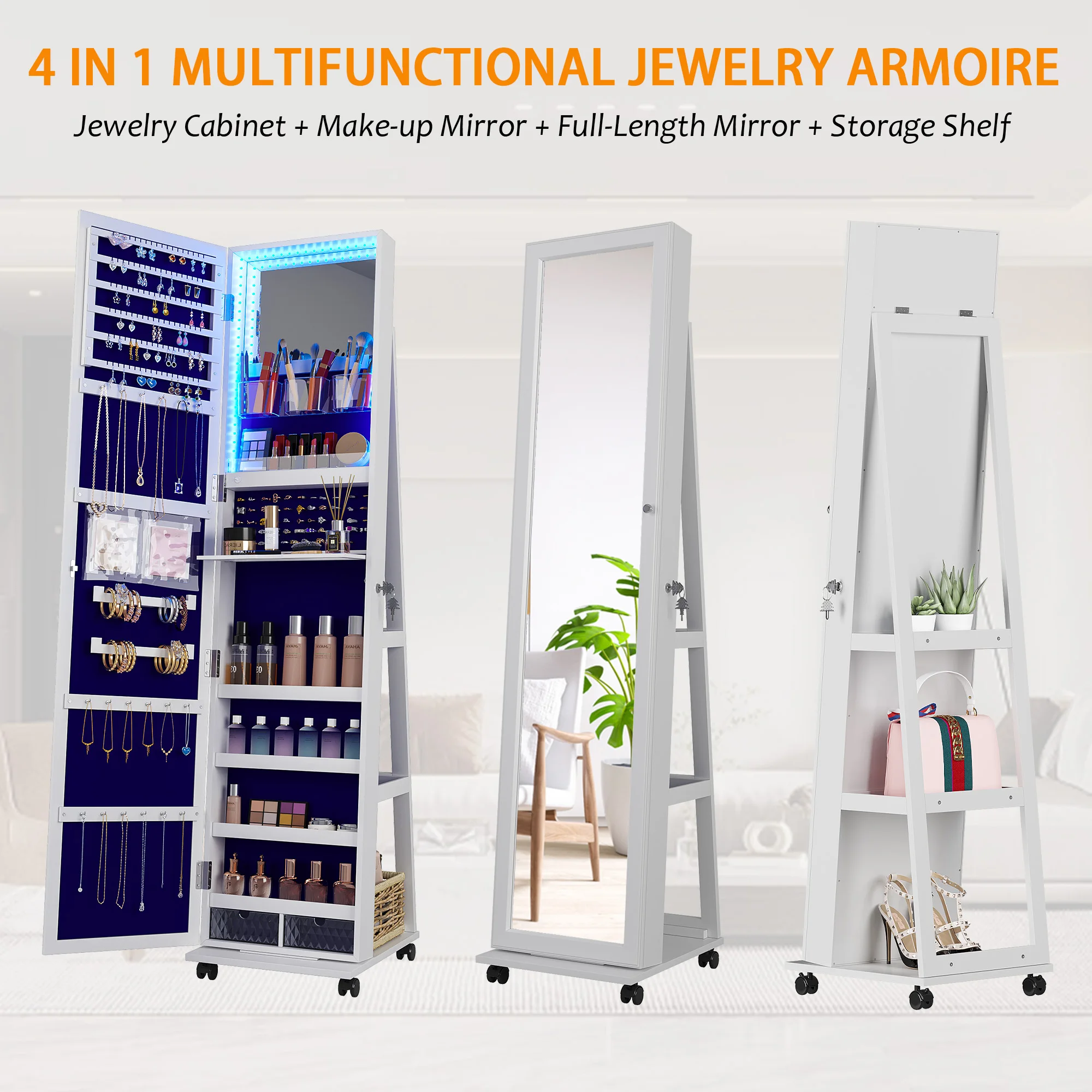 JDPAG مرآة كاملة الطول مع مساحة تخزين للمجوهرات، 360 درجة ° خزانة مجوهرات دوارة قائمة مع أضواء منظم خزانة مجوهرات قابل للقفل