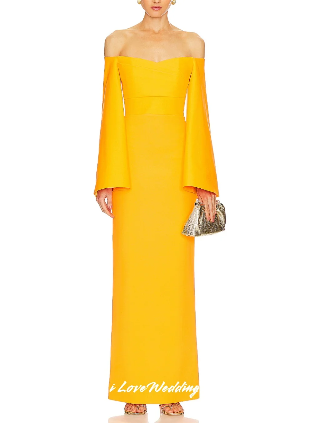 

Yellow Strapless Evening Dresses 2025 Off Shoulder Long Sleeve Sheath Split Pleated Ankle-Length Wedding Party Dress Customized