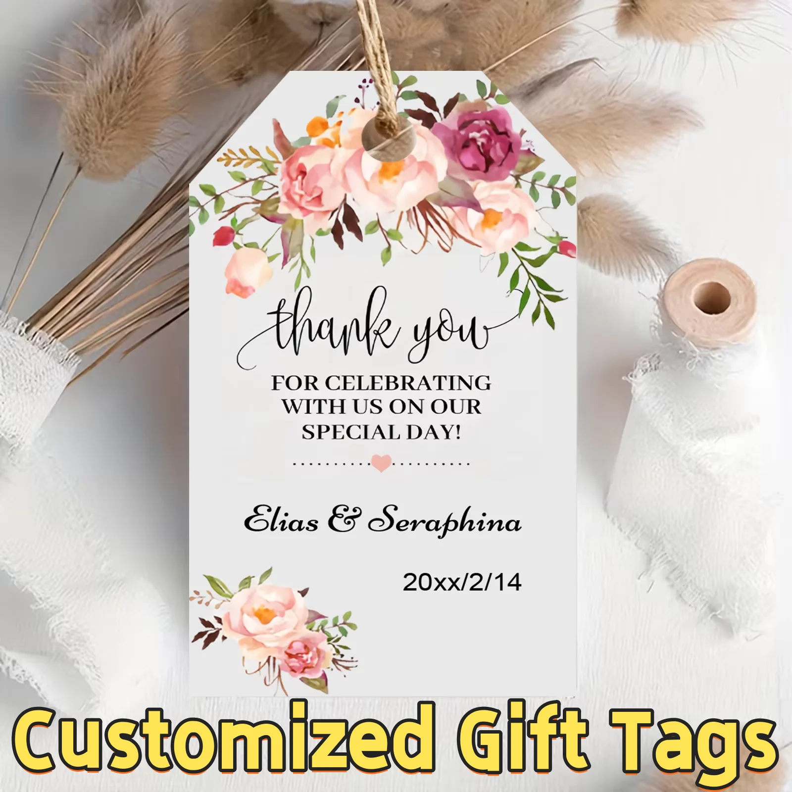 Personalized floral-themed wedding gift party thank you card, with name and event date, packaging tag, 'Thank You' design