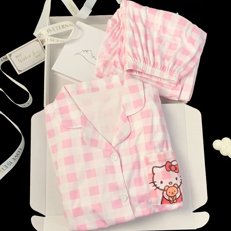 Kawaii sanrio olá kitty xadrez pijamas femininos conjunto outono animação dos desenhos animados manga longa calças compridas pijamas roupas para casa presente