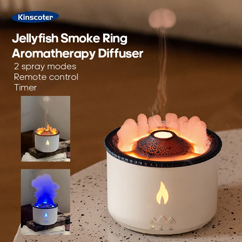 KINSCOTER Volcano Flame Aroma Diffuser Jellyfish Smoke Ring Air Humidifier 360ml Aromatherapy Essential Oil Diffuser Cool Gift