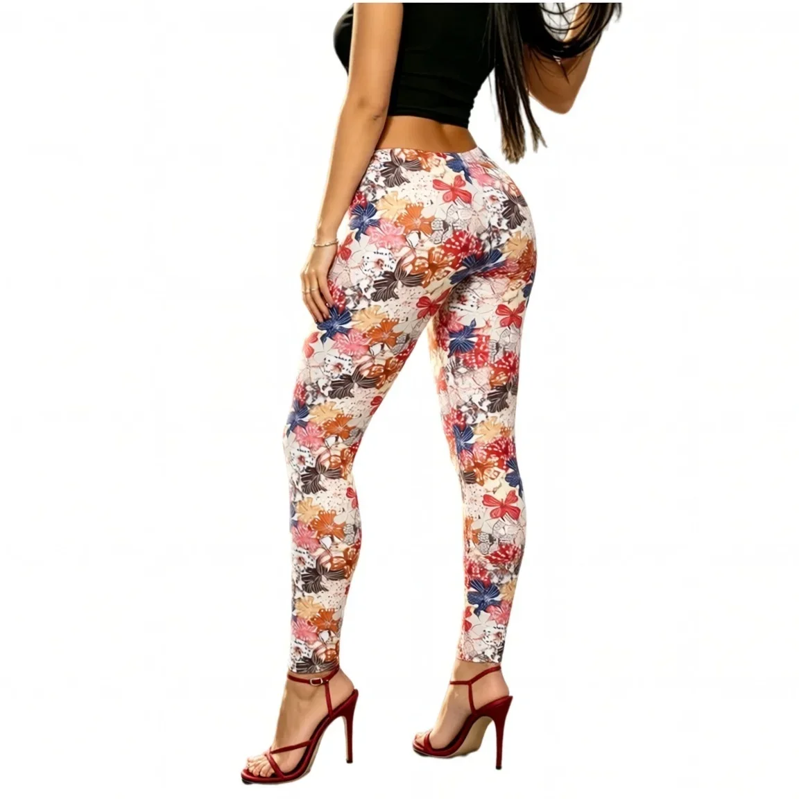 Womens Novelty Floral Print Leggings Colorful Abstract Flower Pants High Waist Stretchy Tights Clubwear