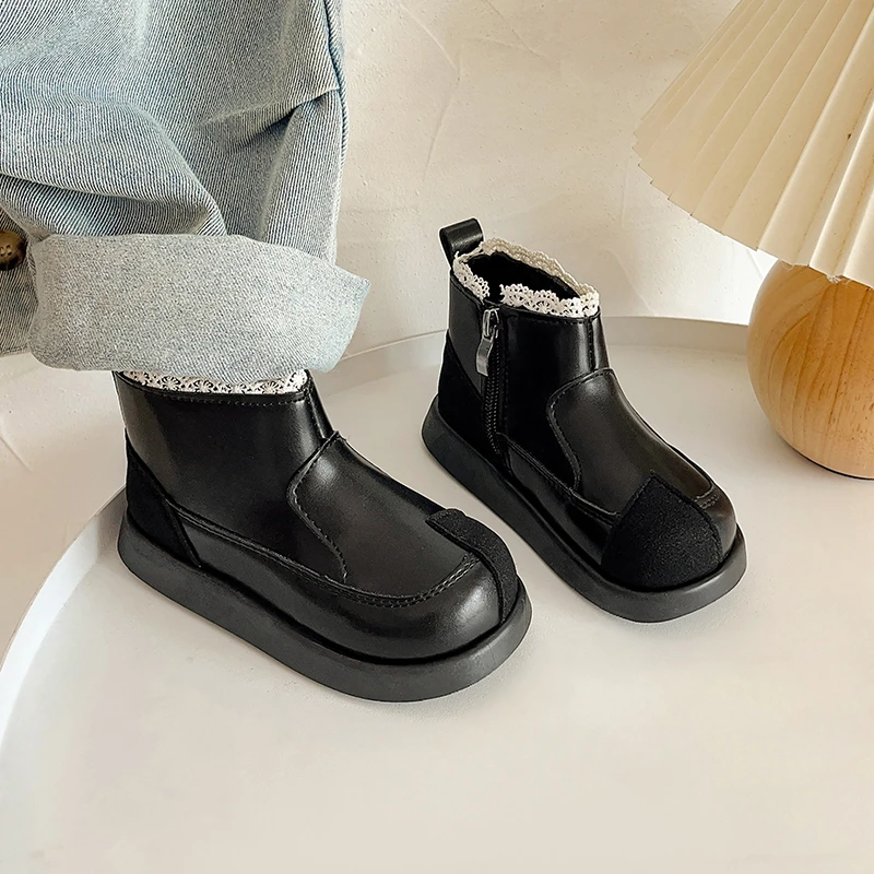 

Стеганые теплые ботильоны для девочек, новинка 2023 года, осень-зима, детские кружевные кожаные ботинки, нескользящие простые детские школьные ботинки в стиле ретро, возраст 3–8 лет