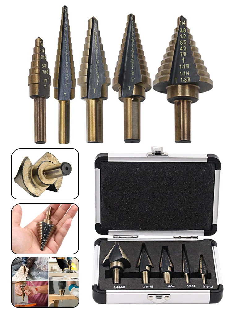 5PCS Step Drll Bit Set High Speed Steel Cobalt Hard Metal Stepped Drills Set Tool Accessories Titanium Cone Step Drill for Metal