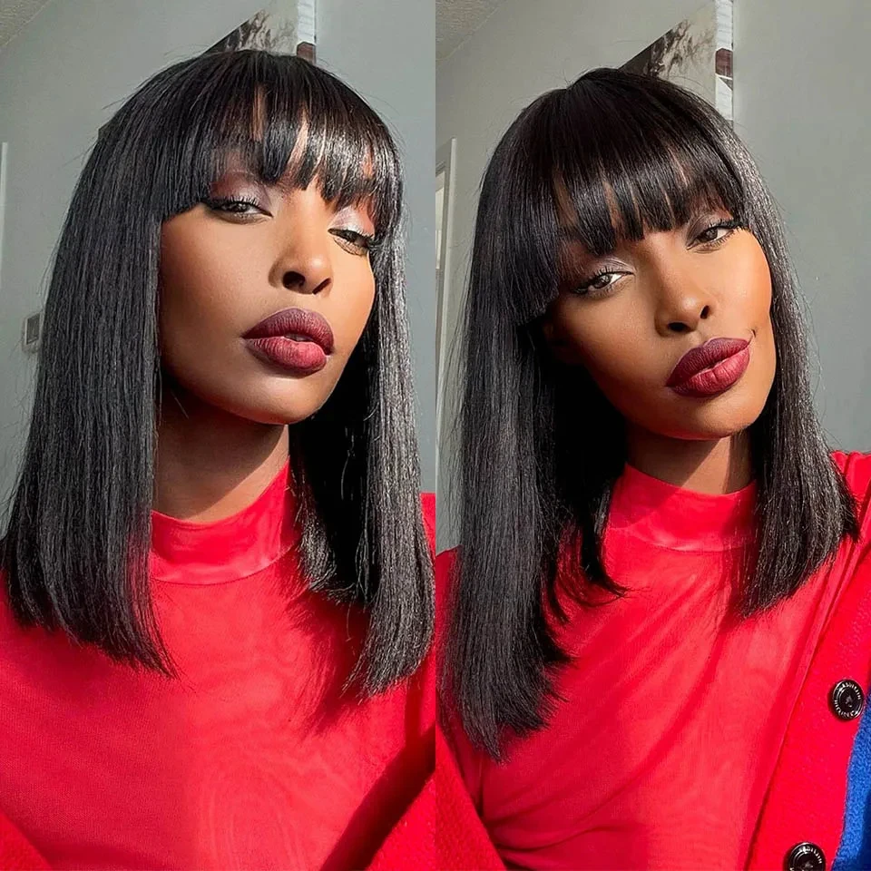 Short Bob Straight Human Hair Wigs With Bangs Fringe For Black Women Put On And Go Full Machine Made Brazilian Hair On Sales