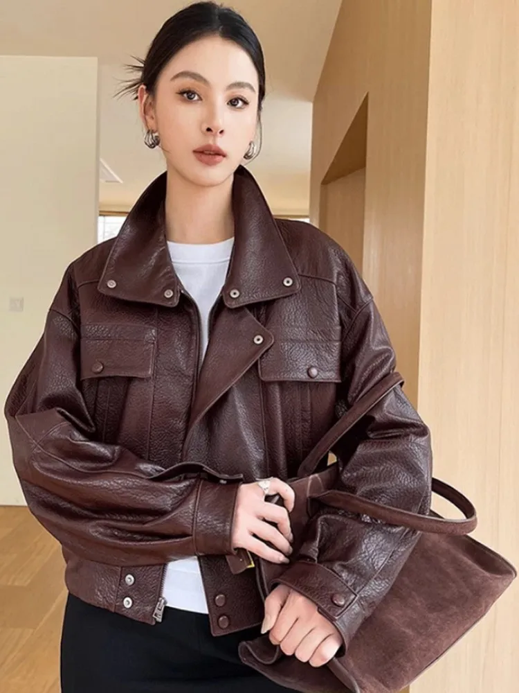 Fashion Women Motorcycle Biker Sheepskin Genuine Leather Jacket Multi Pockets Loose Fit Autumn Windproof Coat Vintage Outerwear