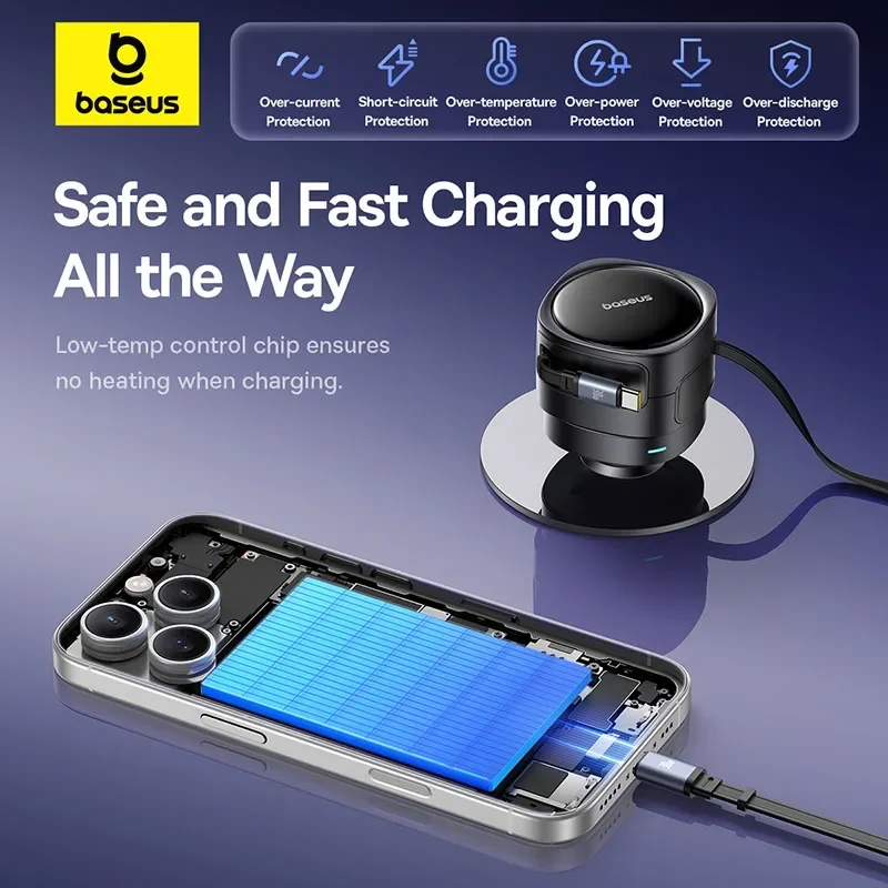 Baseus 60 واط شاحن سيارة USB-C نوع-C IP كابل مزدوج قابل للسحب PD QC SCP AFC PPS شحن سريع للكمبيوتر اللوحي آيفون سامسونج هواوي