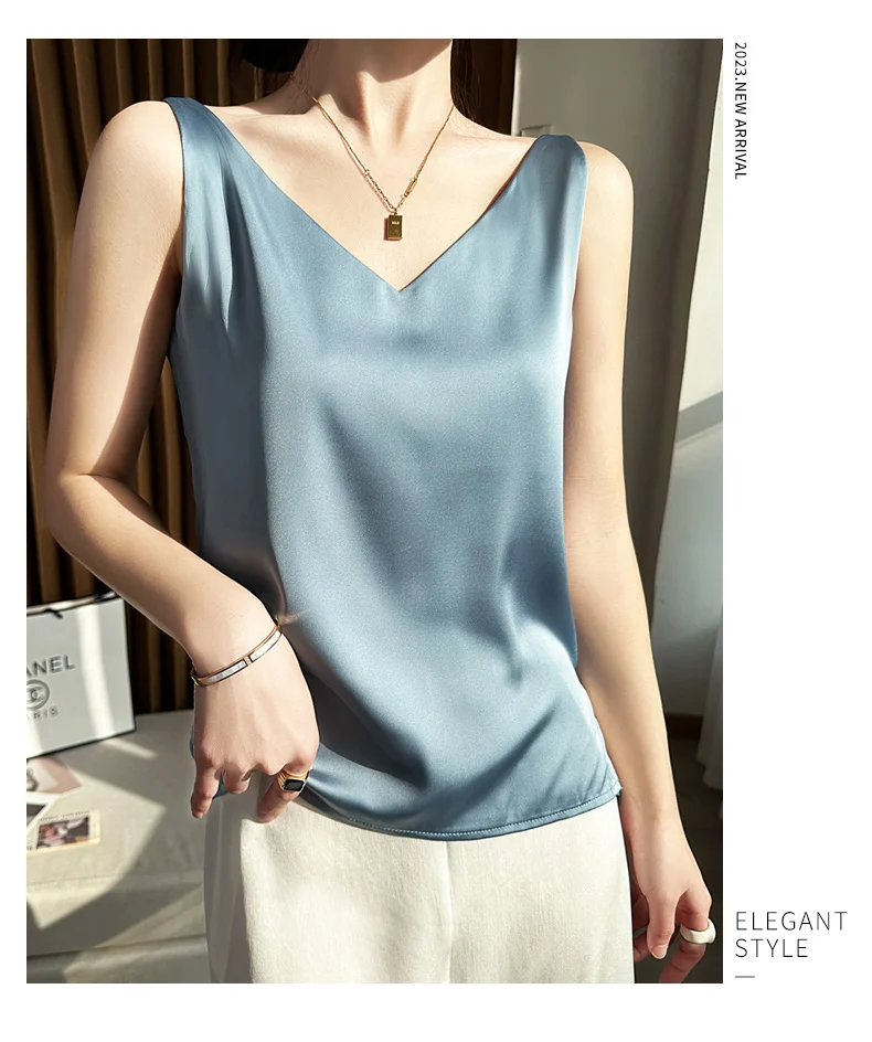 Seidensatin-Damen-Tanktop mit doppelter Schulterpartie, V-Ausschnitt, ärmelloses Top, T-Shirt, elegantes Crop-Top, solide, lässig, Basic, 2025, Sommer – Detail 28