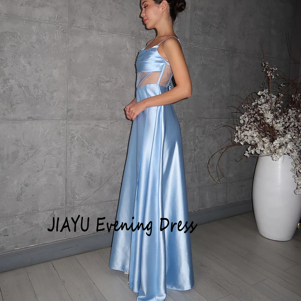 Customized Blue A-line Spaghetti Satin Evening Dress Sleeveless Pure Color Simple Party Dress Backless Floor Length Prom Gown