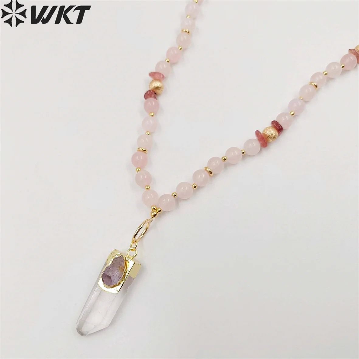 

WT-N1411 WKT 2025 Изысканный розовый кварц и кристалл кварца ожерелье кулон женские ювелирные изделия новая распродажа 30 дюймов драгоценный камень для девочек