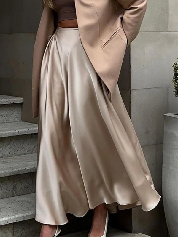 

Tinaa Роскошные атласные плиссированные юбки для женщин 2026 Новая однотонная трапециевидная элегантная длинная юбка с эластичной спинкой на талии 132866