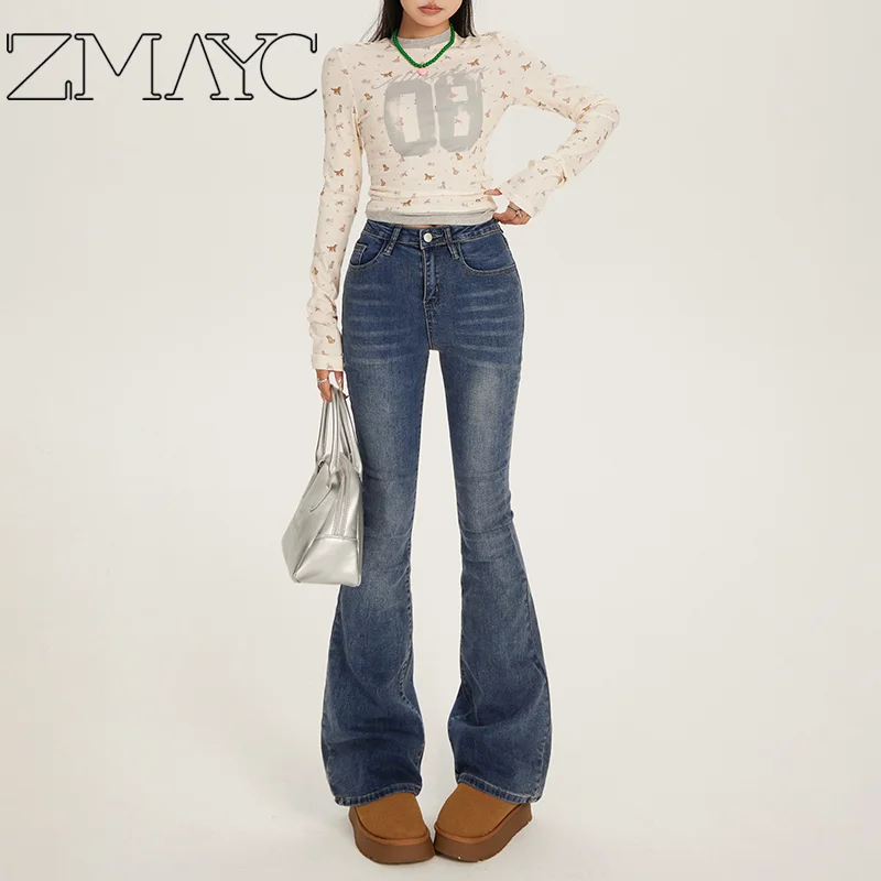 ZMAYC, pantalones vaqueros de pierna ancha acampanados de cintura alta para mujer, estilo Retro, nuevos pantalones casuales para Otoño/Invierno, pantalones vaqueros sexis para mujer, pantalones acampanados