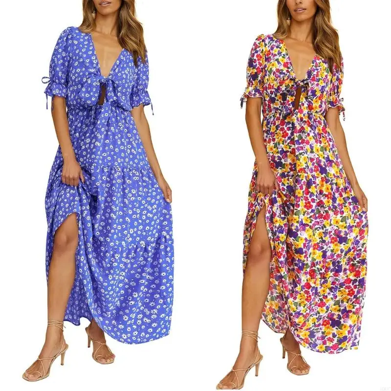 40gc vrouwen zomer ruches korte mouw swing a-line jurk v-hals stropdaan front boho bloemenprint gelaagde flowy maxi-long jurken