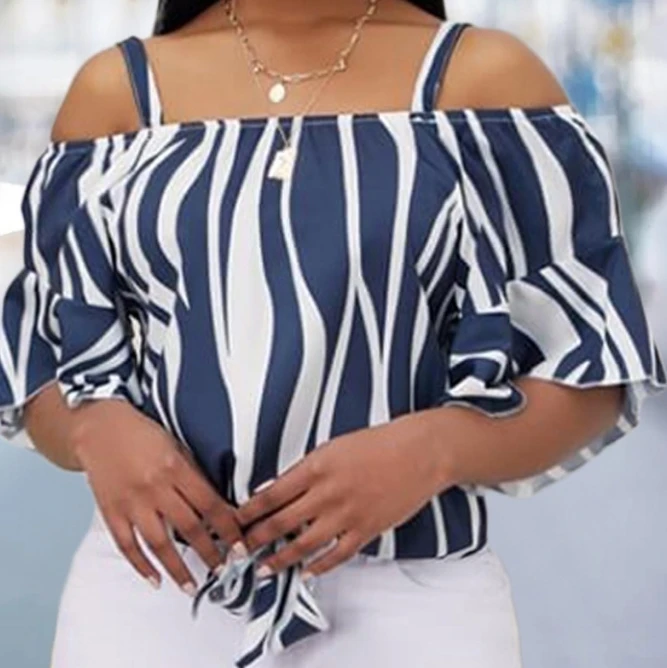 Women's Blouse Tops Summer Casual Elegant Stripe Printing Straps Off the Shoulder Ruffles Short Sleeve Tie Details Straight Tops