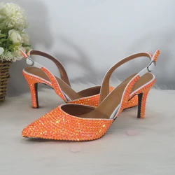 2021 New Arrival Heart Bag Orange AB Pointed Toe Wedding Shoes and bag Woman High Thin Heel Party Dress Shoes Slingbacks Pumps