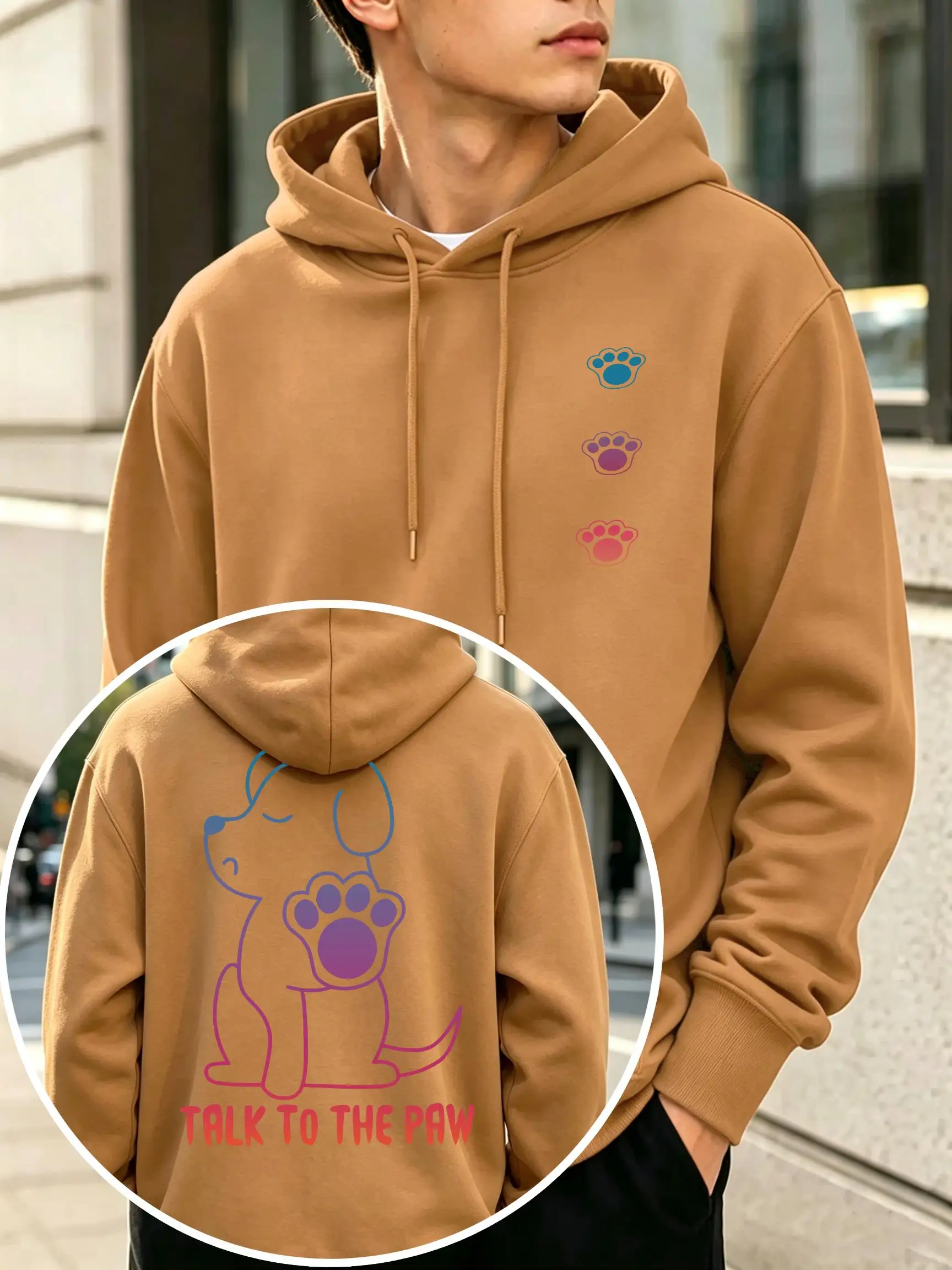 Talks To The Paw Funny Dog Print Men Street Fashion Hoodies Hip Hop All-Match Top Autumn Fleece Pullover Pocket Sportswear