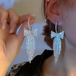 Korean Sweet Rhinestone Bowknot Drop Earrings for Women Fashion Temperament Long Tassel Earrings Jewelry Wedding Party Gifts