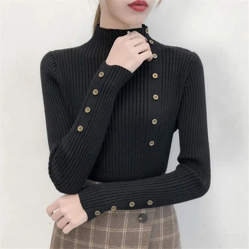 2024 Women Autumn Knitted Slim Sweaters Solid Knitted Female Cotton Soft Elastic Color Pullovers Button Full Sleeve Turtleneck