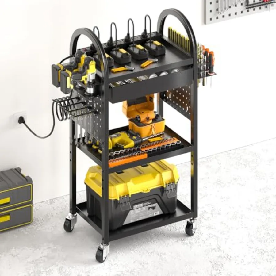 

Power Tool Orgazer Cart Dual-Sided Der Tool Stora Rack on Weels wit 8-Outlet Carging Station and Pegoard Accaries Utility Rolli