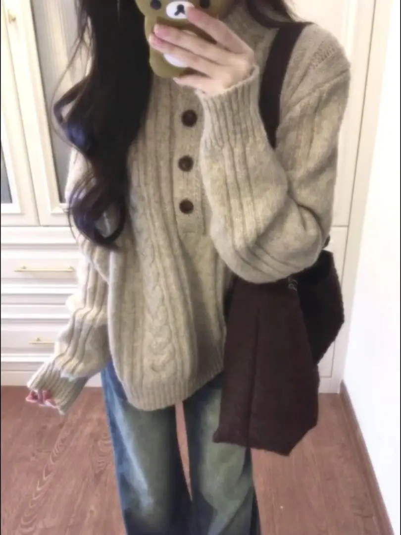 Senhoras soltas camisola de malha outono inverno vintage sle botão detalhe cabled neline quente dedo interior wear trabalho commute