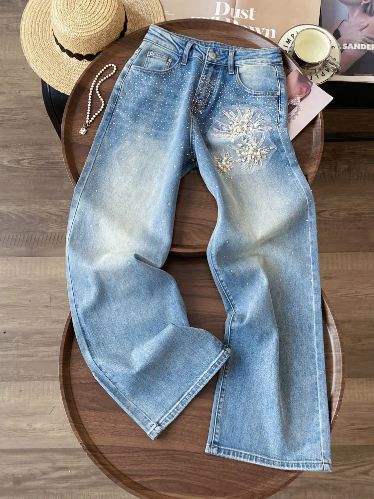 Womens Designer Eombroidery Beading Jeans Straight Trousers Casual Long Trousers Fashion Streetwear Ladies Spring Denim Pants