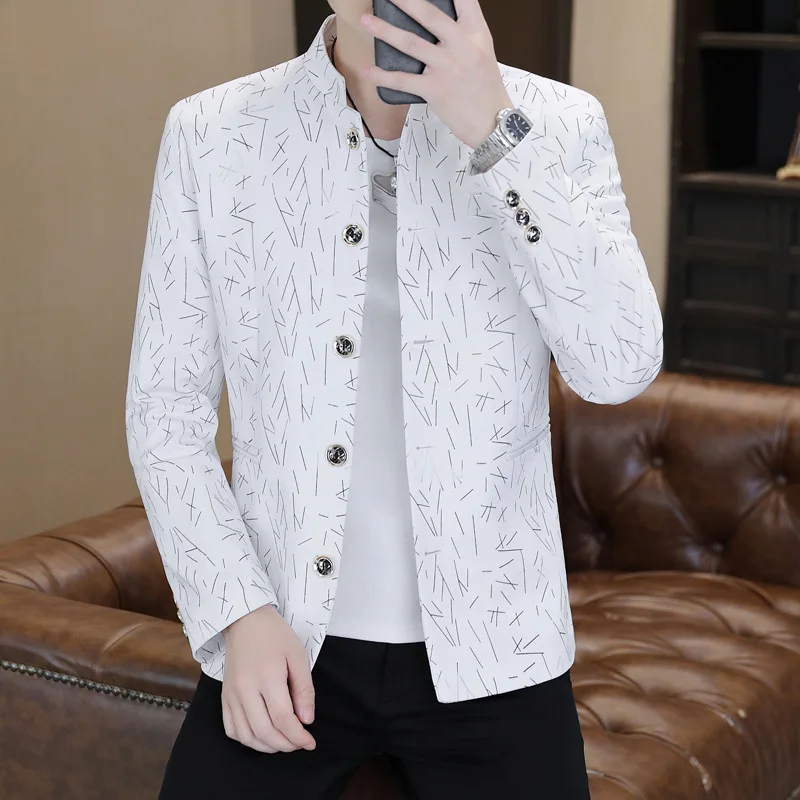 

2026 Men's line print bronzing, stand-up collar multi-button casual blazer