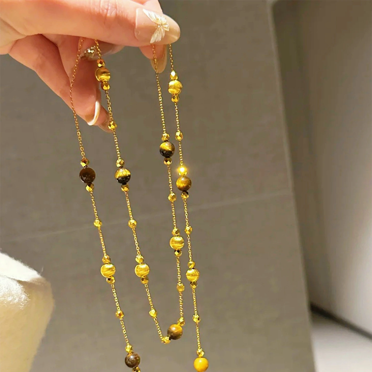 

High-Value Gift Multi-Layer Tiger Eye & Cat Eye Bead Necklace For Women 24K Gold AU999, Delicate and full of heart