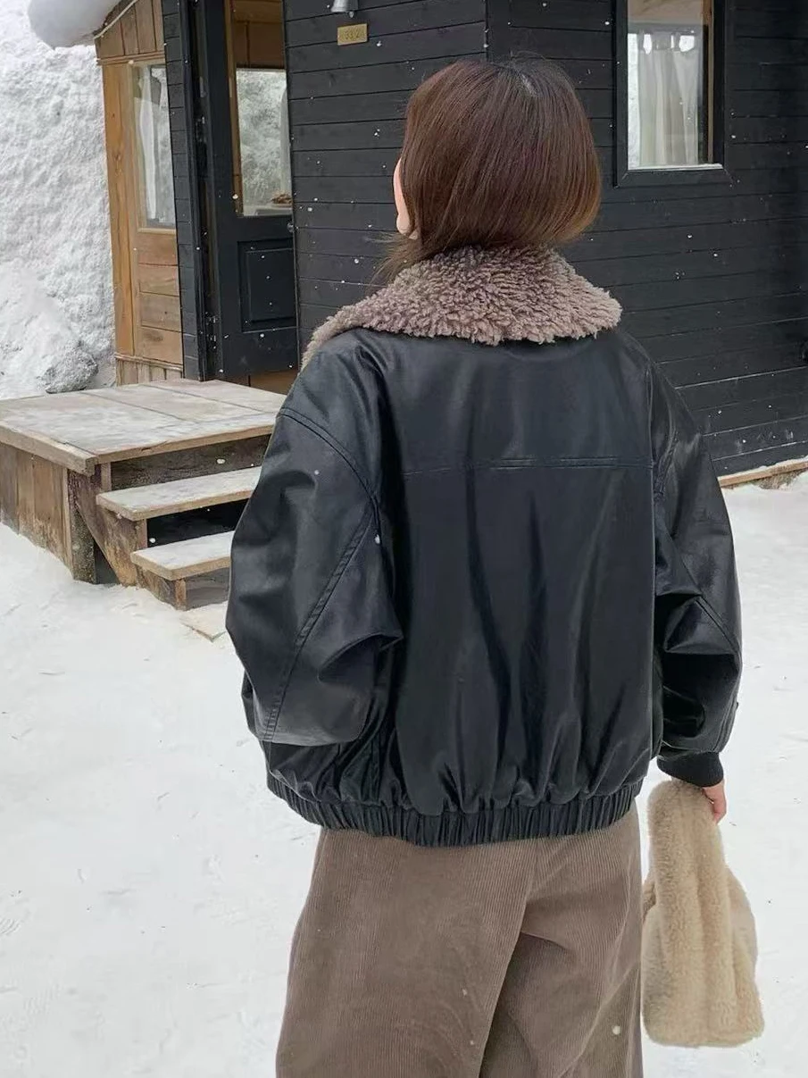 Chaqueta de Cuero PU Hoada con Cuello de Piel Estilo Retro Chic para Mujer, Ropa de Motocicta de Estilo Urbano, Prenda E...