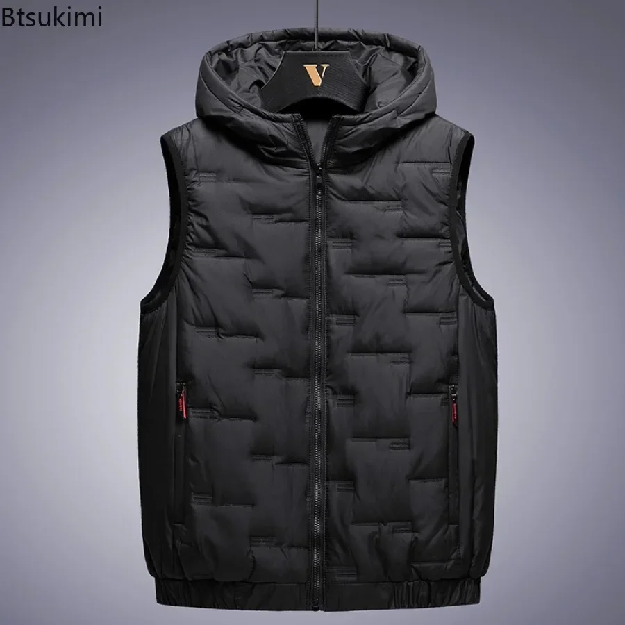 

2025 Men's Winter Warm Vest Jacket Rectangular Embossed Fashion Down Cotton Hooded Vest Man Loose Windproof Casual Waistcoat 8XL