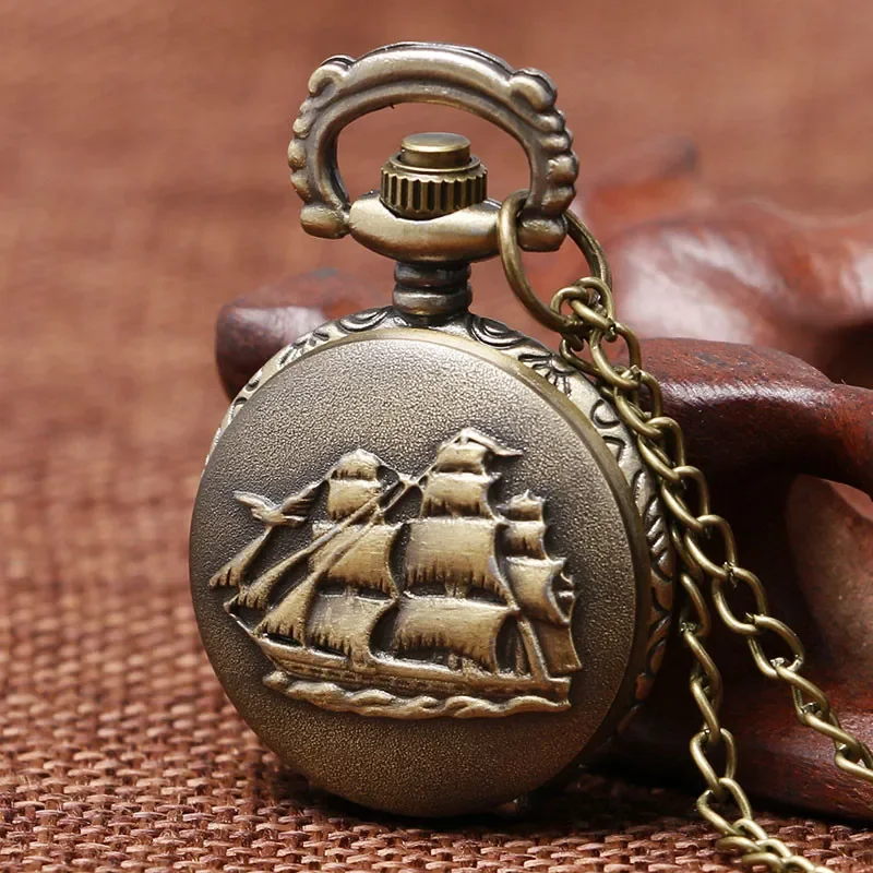 Steampunk Small Size Mini Pocket Watch with Engraved Canvas Boat Pattern Arabic Number Quartz Display Necklace Chain Timepiece