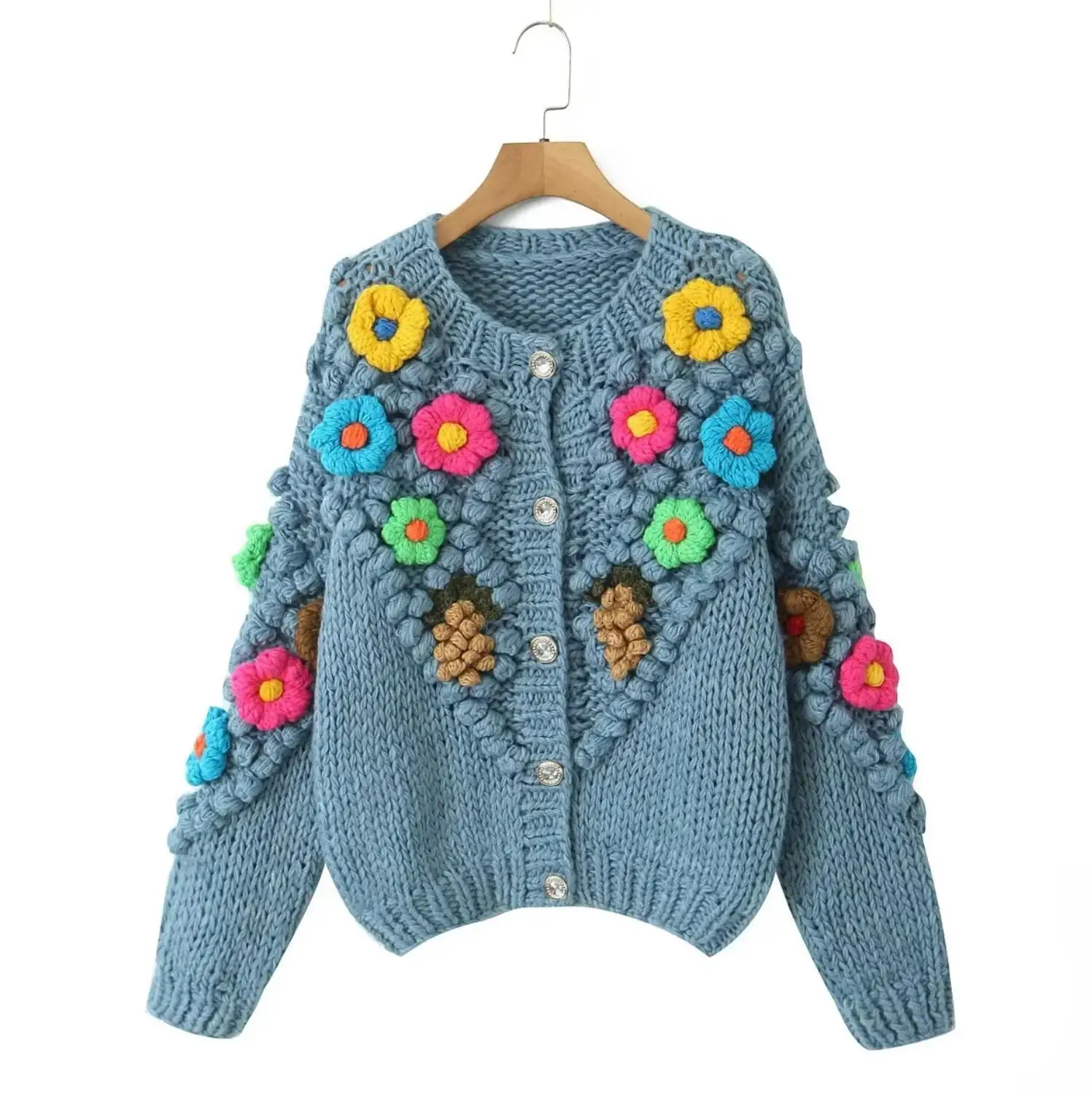 2023 Woman O neck Single-Breasted Buttons Long sleeve Knitting Sweater Blue Sweet 3D Flower Hand Crochet Ball Cardigan Retro