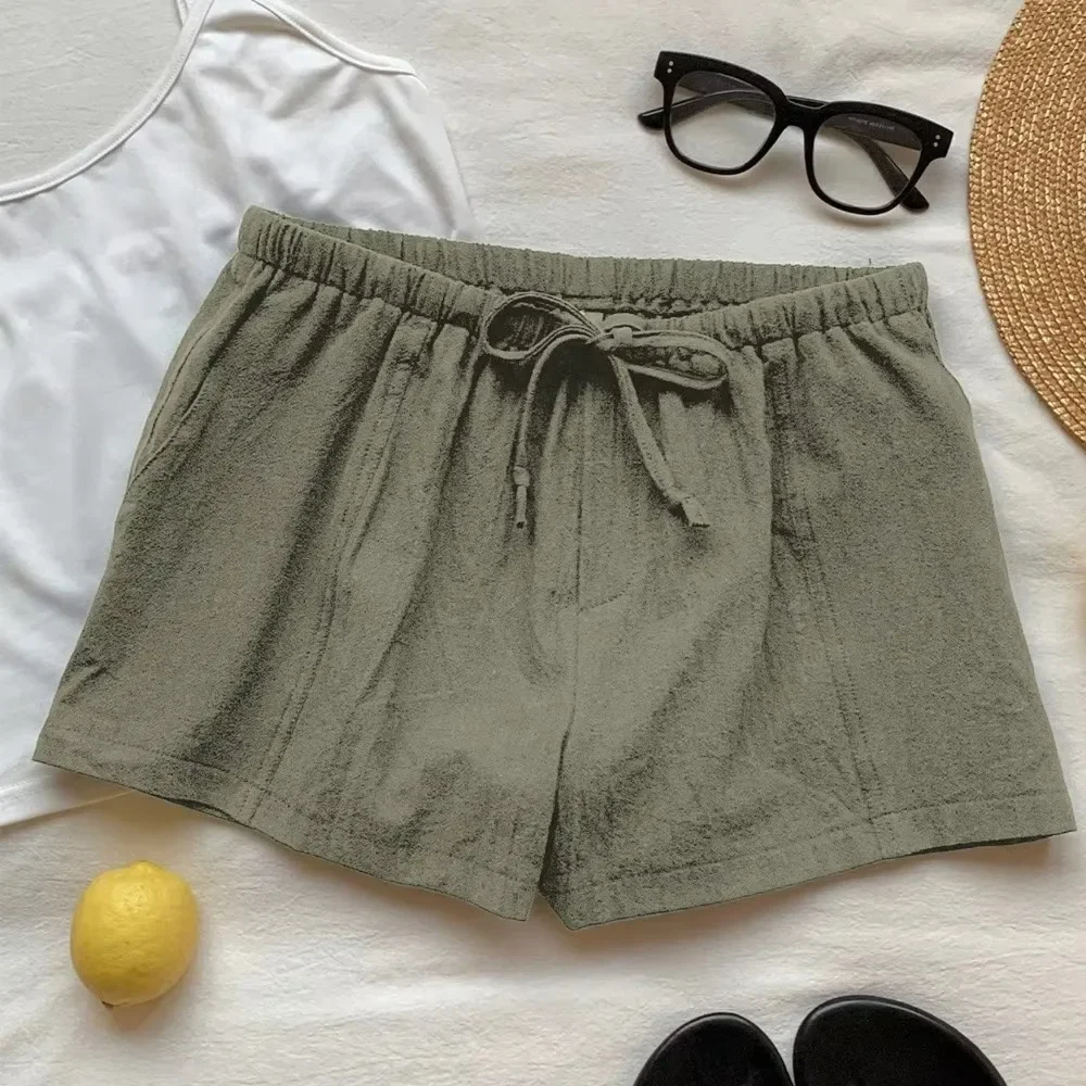 Women Summer Solid Linen Shorts Elastic Waist Drawstring Loose Fit Casual Soft Breathable Flattering Daily Beach Comfy Bottoms