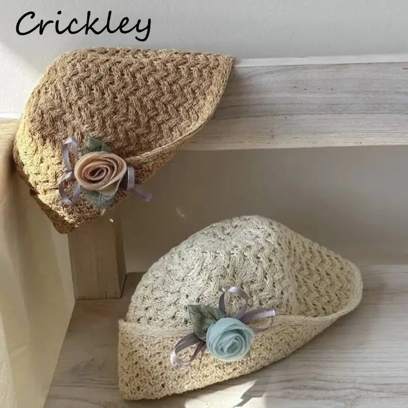 Flowers Solid Girls Straw Hats Summer Woven Children French Sun Hats Foldable Soft Beach Kids Rolled-brim Cap